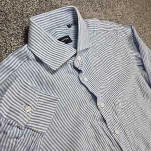 Spier & Mackay 100% Linen Dress Shirt Mens 15.5 32 Blue Striped Slim